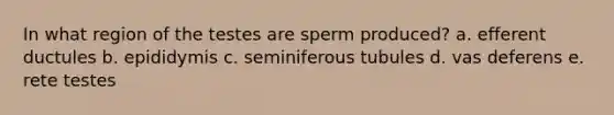 In what region of the testes are sperm produced? a. efferent ductules b. epididymis c. seminiferous tubules d. vas deferens e. rete testes