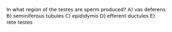 In what region of the testes are sperm produced? A) vas deferens B) seminiferous tubules C) epididymis D) efferent ductules E) rete testes