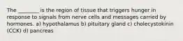 The ________ is the region of tissue that triggers hunger in response to signals from nerve cells and messages carried by hormones. a) hypothalamus b) pituitary gland c) cholecystokinin (CCK) d) pancreas