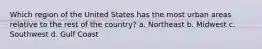 Which region of the United States has the most urban areas relative to the rest of the country? a. Northeast b. Midwest c. Southwest d. Gulf Coast