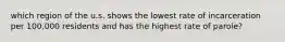 which region of the u.s. shows the lowest rate of incarceration per 100,000 residents and has the highest rate of parole?
