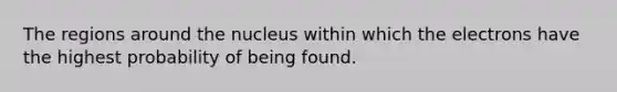The regions around the nucleus within which the electrons have the highest probability of being found.