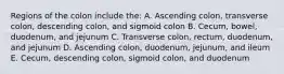 Regions of the colon include the: A. Ascending colon, transverse colon, descending colon, and sigmoid colon B. Cecum, bowel, duodenum, and jejunum C. Transverse colon, rectum, duodenum, and jejunum D. Ascending colon, duodenum, jejunum, and ileum E. Cecum, descending colon, sigmoid colon, and duodenum