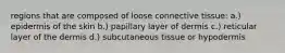 regions that are composed of loose connective tissue: a.) epidermis of the skin b.) papillary layer of dermis c.) reticular layer of the dermis d.) subcutaneous tissue or hypodermis