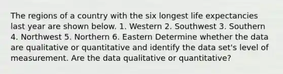 The regions of a country with the six longest life expectancies last year are shown below. 1. Western 2. Southwest 3. Southern 4. Northwest 5. Northern 6. Eastern Determine whether the data are qualitative or quantitative and identify the data​ set's level of measurement. Are the data qualitative or​ quantitative?