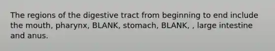 The regions of the digestive tract from beginning to end include the mouth, pharynx, BLANK, stomach, BLANK, , large intestine and anus.