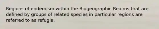 Regions of endemism within the Biogeographic Realms that are defined by groups of related species in particular regions are referred to as refugia.