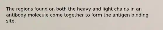 The regions found on both the heavy and light chains in an antibody molecule come together to form the antigen binding site.
