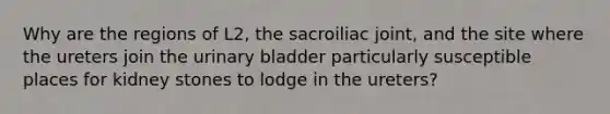 Why are the regions of L2, the sacroiliac joint, and the site where the ureters join the urinary bladder particularly susceptible places for kidney stones to lodge in the ureters?