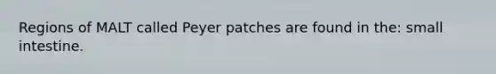 Regions of MALT called Peyer patches are found in the: small intestine.