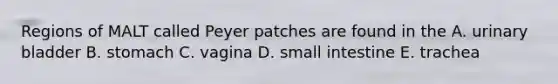 Regions of MALT called Peyer patches are found in the A. urinary bladder B. stomach C. vagina D. small intestine E. trachea