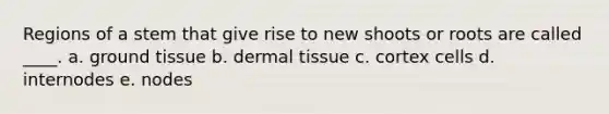 Regions of a stem that give rise to new shoots or roots are called ____.​ a. ​<a href='https://www.questionai.com/knowledge/kb0kKBaH0H-ground-tissue' class='anchor-knowledge'>ground tissue</a> b. ​<a href='https://www.questionai.com/knowledge/kRKdINDJId-dermal-tissue' class='anchor-knowledge'>dermal tissue</a> c. ​cortex cells d. internodes e. ​nodes