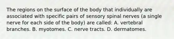 The regions on the surface of the body that individually are associated with specific pairs of sensory spinal nerves​ (a single nerve for each side of the​ body) are​ called: A. vertebral branches. B. myotomes. C. nerve tracts. D. dermatomes.