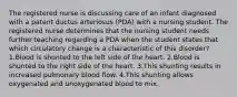 The registered nurse is discussing care of an infant diagnosed with a patent ductus arteriosus (PDA) with a nursing student. The registered nurse determines that the nursing student needs further teaching regarding a PDA when the student states that which circulatory change is a characteristic of this disorder? 1.Blood is shunted to the left side of the heart. 2.Blood is shunted to the right side of the heart. 3.This shunting results in increased pulmonary blood flow. 4.This shunting allows oxygenated and unoxygenated blood to mix.