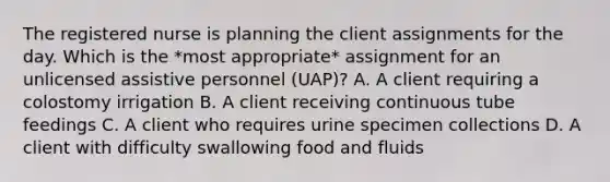 The registered nurse is planning the client assignments for the day. Which is the *most appropriate* assignment for an unlicensed assistive personnel (UAP)? A. A client requiring a colostomy irrigation B. A client receiving continuous tube feedings C. A client who requires urine specimen collections D. A client with difficulty swallowing food and fluids