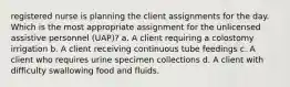 registered nurse is planning the client assignments for the day. Which is the most appropriate assignment for the unlicensed assistive personnel (UAP)? a. A client requiring a colostomy irrigation b. A client receiving continuous tube feedings c. A client who requires urine specimen collections d. A client with difficulty swallowing food and fluids.