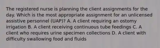 The registered nurse is planning the client assignments for the day. Which is the most appropriate assignment for an unlicensed assistive personnel (UAP)? A. A client requiring an ostomy irrigation B. A client receiving continuous tube feedings C. A client who requires urine specimen collections D. A client with difficulty swallowing food and fluids