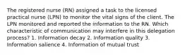 The registered nurse (RN) assigned a task to the licensed practical nurse (LPN) to monitor the vital signs of the client. The LPN monitored and reported the information to the RN. Which characteristic of communication may interfere in this delegation process? 1. Information decay 2. Information quality 3. Information salience 4. Information of mutual trust