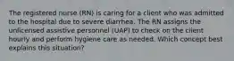 The registered nurse (RN) is caring for a client who was admitted to the hospital due to severe diarrhea. The RN assigns the unlicensed assistive personnel (UAP) to check on the client hourly and perform hygiene care as needed. Which concept best explains this situation?