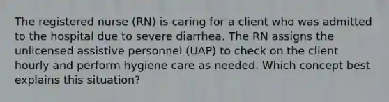 The registered nurse (RN) is caring for a client who was admitted to the hospital due to severe diarrhea. The RN assigns the unlicensed assistive personnel (UAP) to check on the client hourly and perform hygiene care as needed. Which concept best explains this situation?