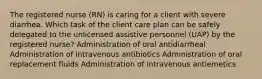 The registered nurse (RN) is caring for a client with severe diarrhea. Which task of the client care plan can be safely delegated to the unlicensed assistive personnel (UAP) by the registered nurse? Administration of oral antidiarrheal Administration of intravenous antibiotics Administration of oral replacement fluids Administration of intravenous antiemetics