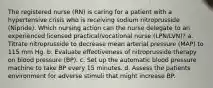 The registered nurse (RN) is caring for a patient with a hypertensive crisis who is receiving sodium nitroprusside (Nipride). Which nursing action can the nurse delegate to an experienced licensed practical/vocational nurse (LPN/LVN)? a. Titrate nitroprusside to decrease mean arterial pressure (MAP) to 115 mm Hg. b. Evaluate effectiveness of nitroprusside therapy on blood pressure (BP). c. Set up the automatic blood pressure machine to take BP every 15 minutes. d. Assess the patients environment for adverse stimuli that might increase BP.