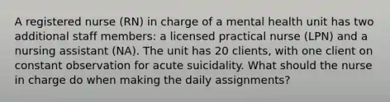 A registered nurse (RN) in charge of a mental health unit has two additional staff members: a licensed practical nurse (LPN) and a nursing assistant (NA). The unit has 20 clients, with one client on constant observation for acute suicidality. What should the nurse in charge do when making the daily assignments?