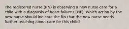 The registered nurse (RN) is observing a new nurse care for a child with a diagnosis of heart failure (CHF). Which action by the new nurse should indicate the RN that the new nurse needs further teaching about care for this child?