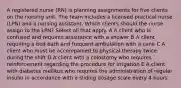 A registered nurse (RN) is planning assignments for five clients on the nursing unit. The team includes a licensed practical nurse (LPN) and a nursing assistant. Which clients should the nurse assign to the LPN? Select all that apply. A A client who is confused and requires assistance with a shower B A client requiring a bed bath and frequent ambulation with a cane C A client who must be accompanied to physical therapy twice during the shift D A client with a colostomy who requires reinforcement regarding the procedure for irrigation E A client with diabetes mellitus who requires the administration of regular insulin in accordance with a sliding dosage scale every 4 hours