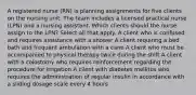 A registered nurse (RN) is planning assignments for five clients on the nursing unit. The team includes a licensed practical nurse (LPN) and a nursing assistant. Which clients should the nurse assign to the LPN? Select all that apply. A client who is confused and requires assistance with a shower A client requiring a bed bath and frequent ambulation with a cane A client who must be accompanied to physical therapy twice during the shift A client with a colostomy who requires reinforcement regarding the procedure for irrigation A client with diabetes mellitus who requires the administration of regular insulin in accordance with a sliding dosage scale every 4 hours