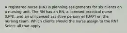 A registered nurse (RN) is planning assignments for six clients on a nursing unit. The RN has an RN, a licensed practical nurse (LPN), and an unlicensed assistive personnel (UAP) on the nursing team. Which clients should the nurse assign to the RN? Select all that apply