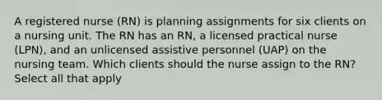 A registered nurse (RN) is planning assignments for six clients on a nursing unit. The RN has an RN, a licensed practical nurse (LPN), and an unlicensed assistive personnel (UAP) on the nursing team. Which clients should the nurse assign to the RN? Select all that apply