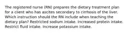 The registered nurse (RN) prepares the dietary treatment plan for a client who has ascites secondary to cirrhosis of the liver. Which instruction should the RN include when teaching the dietary plan? Restricted sodium intake. Increased protein intake. Restrict fluid intake. Increase potassium intake.