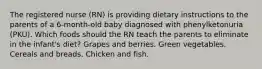 The registered nurse (RN) is providing dietary instructions to the parents of a 6-month-old baby diagnosed with phenylketonuria (PKU). Which foods should the RN teach the parents to eliminate in the infant's diet? Grapes and berries. Green vegetables. Cereals and breads. Chicken and fish.