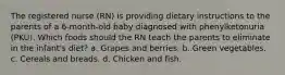 The registered nurse (RN) is providing dietary instructions to the parents of a 6-month-old baby diagnosed with phenylketonuria (PKU). Which foods should the RN teach the parents to eliminate in the infant's diet? a. Grapes and berries. b. Green vegetables. c. Cereals and breads. d. Chicken and fish.