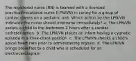 The registered nurse (RN) is teamed with a licensed practical/vocational nurse (LPN/VN) in caring for a group of cardiac clients on a pediatric unit. Which action by the LPN/VN indicates the nurse should intervene immediately? a. The LPN/VN assists a child to the bathroom 2 hours after a cardiac catheterization. b. The LPN/VN places an infant having a cyanotic episode in a knee-chest position. c. The LPN/VN checks a child's apical heart rate prior to administering digoxin. d. The LPN/VN brings breakfast to a child who is scheduled for an electrocardiogram