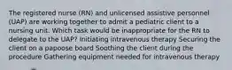 The registered nurse (RN) and unlicensed assistive personnel (UAP) are working together to admit a pediatric client to a nursing unit. Which task would be inappropriate for the RN to delegate to the UAP? Initiating intravenous therapy Securing the client on a papoose board Soothing the client during the procedure Gathering equipment needed for intravenous therapy