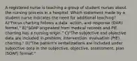 A registered nurse is teaching a group of student nurses about the nursing process in a hospital. Which statement made by a student nurse indicates the need for additional teaching? A)"Focus charting follows a data, action, and response (DAR) format." B)"SOAP originated from medical records and PIE charting has a nursing origin." C)"The subjective and objective data are included in problem, intervention, evaluation (PIE) charting." D)"The patient's verbalizations are included under subjective data in the subjective, objective, assessment, plan (SOAP) format."