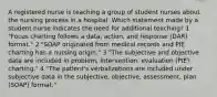 A registered nurse is teaching a group of student nurses about the nursing process in a hospital. Which statement made by a student nurse indicates the need for additional teaching? 1 "Focus charting follows a data, action, and response (DAR) format." 2 "SOAP originated from medical records and PIE charting has a nursing origin." 3 "The subjective and objective data are included in problem, intervention, evaluation (PIE) charting." 4 "The patient's verbalizations are included under subjective data in the subjective, objective, assessment, plan (SOAP) format."