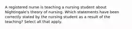 A registered nurse is teaching a nursing student about Nightingale's theory of nursing. Which statements have been correctly stated by the nursing student as a result of the teaching? Select all that apply.