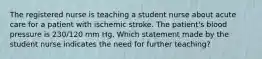 The registered nurse is teaching a student nurse about acute care for a patient with ischemic stroke. The patient's blood pressure is 230/120 mm Hg. Which statement made by the student nurse indicates the need for further teaching?