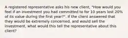 A registered representative asks his new client, "How would you feel if an investment you had committed to for 10 years lost 20% of its value during the first year?". If the client answered that they would be extremely concerned, and would sell the investment, what would this tell the representative about this client?