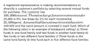 A registered representative is making recommendations to diversify a customer's portfolio by selecting several mutual funds for purchase. The customer has 100,000 to invest. The sales charge for an investment under25,000 is 5%, but drops by 1% for each incremental 25,000 spent. Assume that the customer invests the entire100,000 and the same amount is invested in each fund. Which of the following sales is an example of breakpoint selling? a) Three funds in one fund family and two funds in another fund family b) Two funds in two different fund families c) Three funds in the same fund family d) One fund each in five different fund families