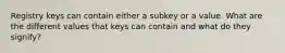 Registry keys can contain either a subkey or a value. What are the different values that keys can contain and what do they signify?