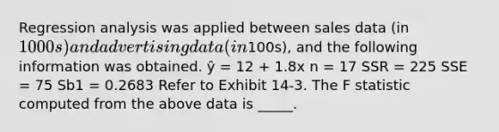 Regression analysis was applied between sales data (in 1000s) and advertising data (in100s), and the following information was obtained. ŷ = 12 + 1.8x n = 17 SSR = 225 SSE = 75 Sb1 = 0.2683 Refer to Exhibit 14-3. The F statistic computed from the above data is _____.