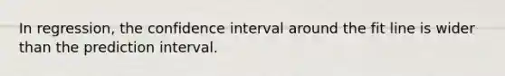 In regression, the confidence interval around the fit line is wider than the prediction interval.