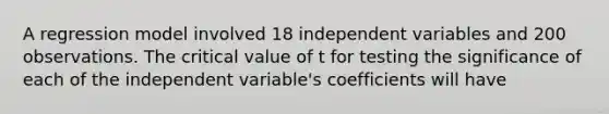 A regression model involved 18 independent variables and 200 observations. The critical value of t for testing the significance of each of the independent variable's coefficients will have