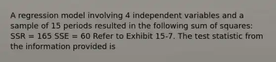 A regression model involving 4 independent variables and a sample of 15 periods resulted in the following sum of squares: ​ SSR = 165 SSE = 60 Refer to Exhibit 15-7. The test statistic from the information provided is