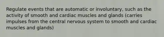 Regulate events that are automatic or involuntary, such as the activity of smooth and cardiac muscles and glands (carries impulses from the central nervous system to smooth and cardiac muscles and glands)