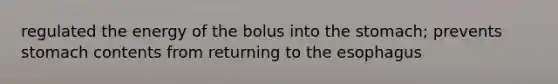 regulated the energy of the bolus into the stomach; prevents stomach contents from returning to the esophagus